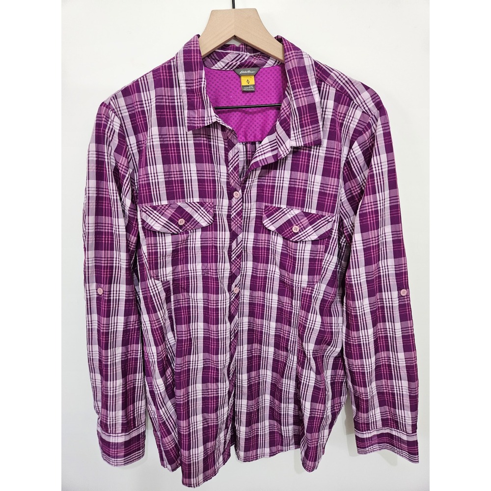 Eddie Bauer Womens 2XL Purple Plaid Roll Tab Sleeve Hiking Button Down Shirt